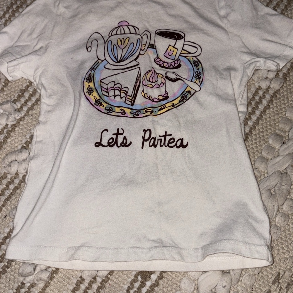 Old Navy White Short Sleeve Tee with Whimsical Tea Party Design